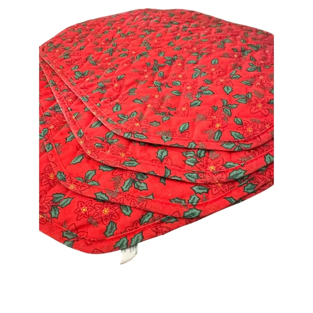 Set of 4 Quilted Poinsettia‎ Christmas Placemats Red Green Holiday Table Decor